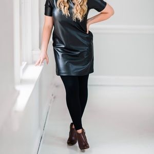 A New Day Black Faux Leather Dress Crew Neck w Puffed Short Sleeve and Pockets